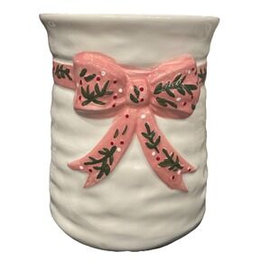 Prima Design Christmas Coquette Pink Bow Floral Vase Utensil Crock